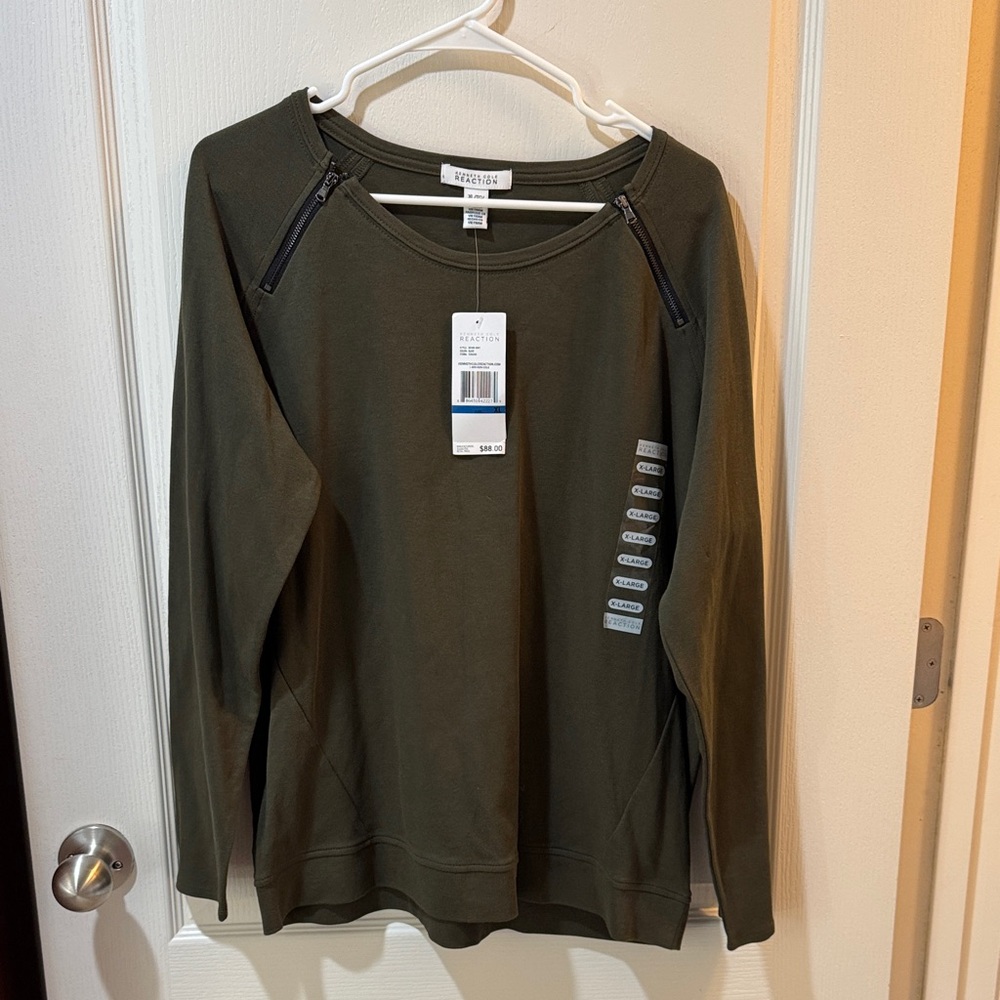 Kenneth Cole Reaction Olive Green Zip-Shoulder Crewneck Sweatshirt